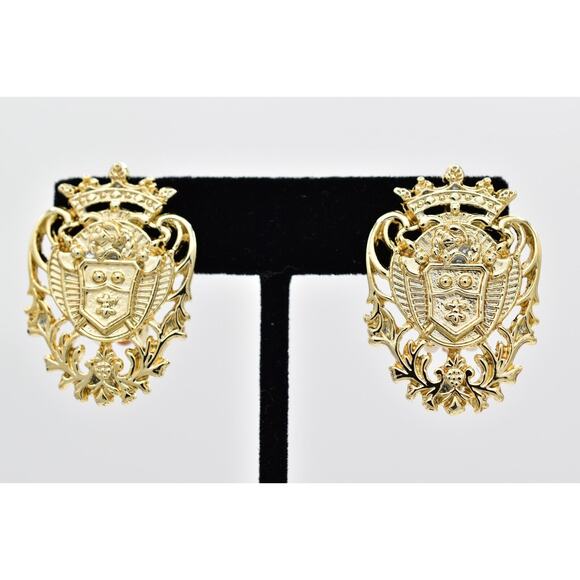 Vintage Shield Crown Clip On Earrings Gold Chunky Shiny Bright NOS 1980s BinAE - Picture 1 of 12
